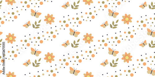 Seamless childish pattern of butterflies  flowers  circles and dots in soft pastel colors. Ideal for printing on paper and fabric.