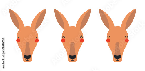 Cute funny kangaroo faces illustrations set. Hand drawn cartoon character. Scandinavian style flat design, isolated vector. Kids print element, poster, card, wildlife, nature, baby animals