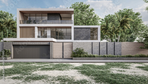 Architecture 3d rendering illustration of minimal modern house with natural landscape 