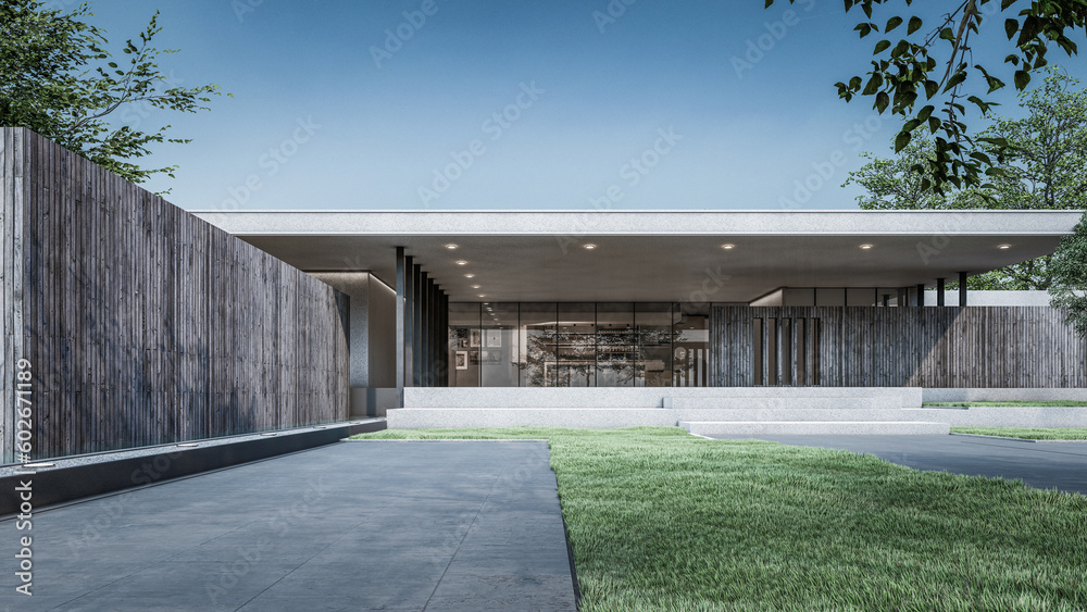 Architecture 3d rendering illustration of minimal modern house with natural landscape Architecture 3d rendering illustration of minimal modern house with natural landscape