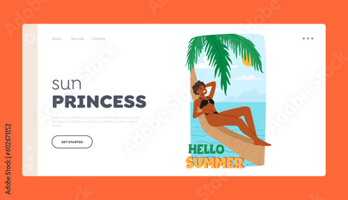 Sun Princess Landing Page Template. Black Woman Lies Comfortably On A Palm Tree, Enjoying Summer, Vector Illustration