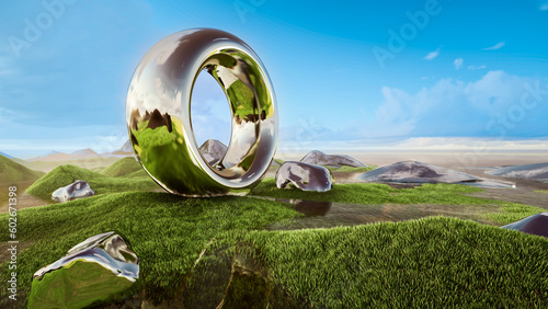 Fototapeta Naklejka Na Ścianę i Meble -  Shining Silver Metal Sphere With Center Hole On Ground With Natural Background, 3d Rendering Illustration 