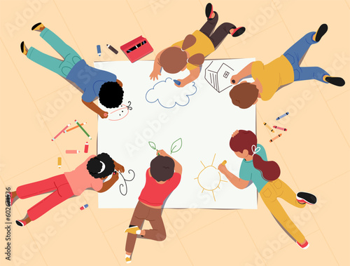 Kids Painting, Creative Activity Concept. Little Boys and Girls Characters Lying on Floor Drawing on Paper with Pencils