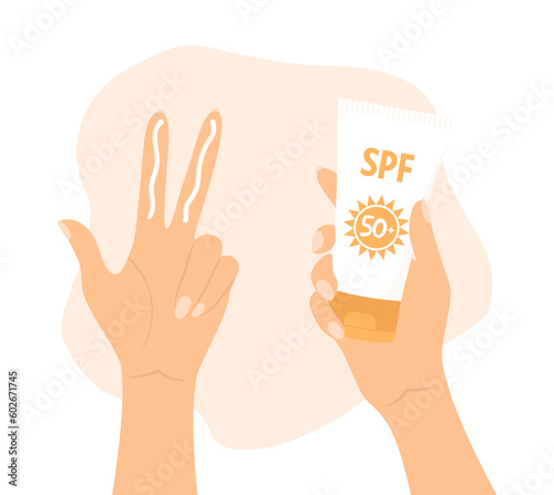 One hand with cream on the fingers and the other holding a tube of sunscreen. Hands showing how to use sunscreen for the face. Vector illustration in flat style