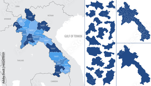 Detailed vector blue map of Laos with administrative divisions into Provinces and Districts of the country