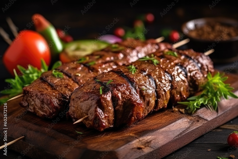 chicken and beef skewers - grilled meat with fresh vegetables on wooden background. Generated by AI