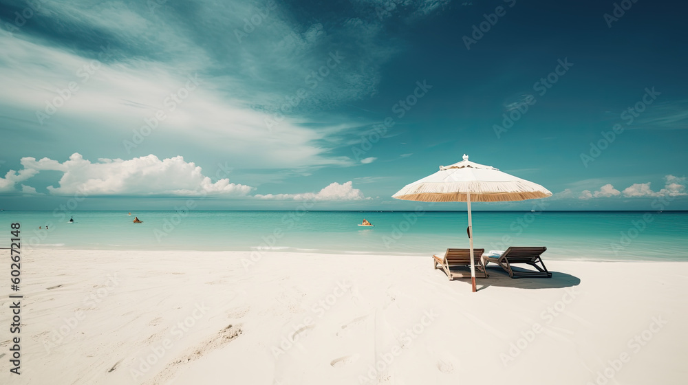 beautiful white sandy beach with turquoise sea and two loungers with umbrellas. no people. Generative AI