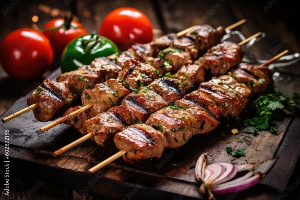 chicken and beef skewers - grilled meat with fresh vegetables on wooden background. Generated by AI