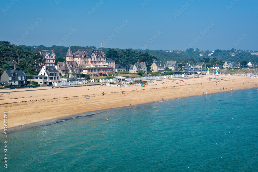 View of the beach of Saint-Cast-Le-Guildo in summer in Côtes d'Armor, Britanny, France
