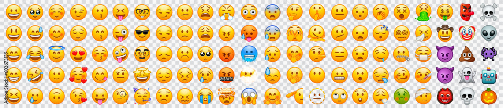 Big set of iOS emoticons. Funny emoticons faces with facial expressions. Full editable vector icons. Detailed emoji icons. Apple iPhone emoji set.