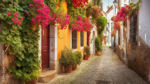beautiful colorful flowers street in Portugal. Generative AI © jr-art
