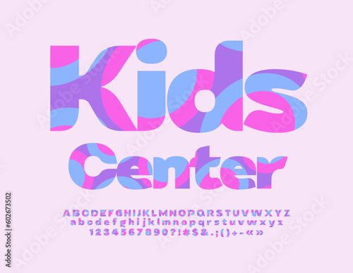 Vector funny banner Kids Center. Cute Alphabet Letters, Numbers and Symbols set. Round pattern Font