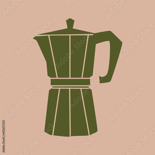 Italian coffee maker, espresso machine, mocha express. Silhouette of a black moka pot is drawn with a stamp effect. Design element for shop, market, packaging, labels. Hand drawn vector illustration.