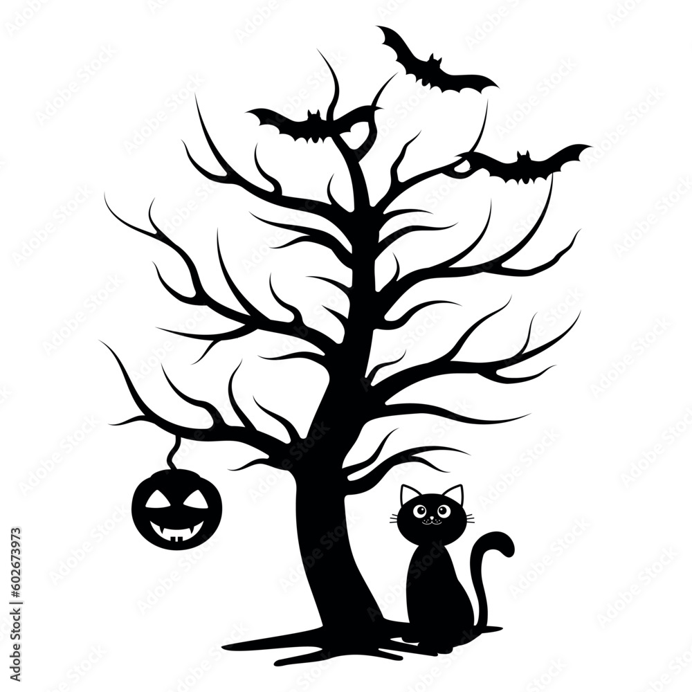 Scary Halloween Tree With Hanging Pumpkin, Vector isolated illustration on White Background