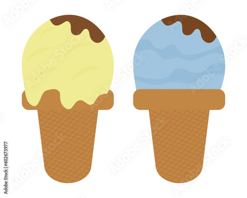 Yellow and blue ice cream in a waffle cup