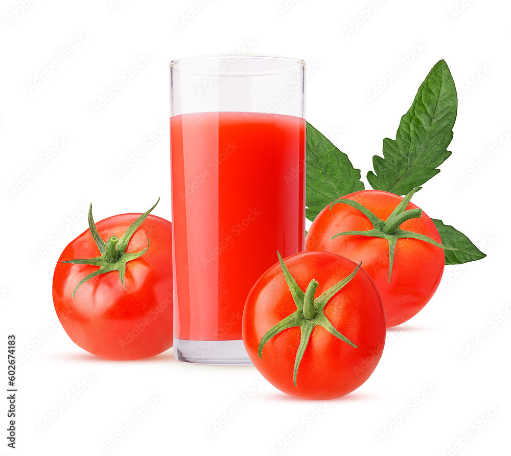 Glass of freshly squeezed tomato juice and three tomato with green leaves Glass of freshly squeezed tomato juice and three tomato with green leaves