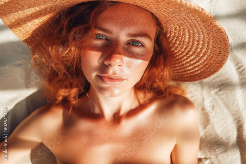 Beach Sun-Kissed Beauty. Stunning Ginger sexy woman with straw hat basking in golden hour light, laying on beach. Bikini Red Head Girl, skincare, summer and topless concept AI Generative photo