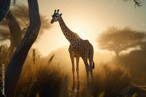 An giraffe standing in the middle of the Africa. Generative AI © Andrii 