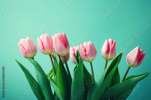 Pink tulips on blue background, springtime bouquet, free space for text, greeting card mock up. Generative AI © Andrii 