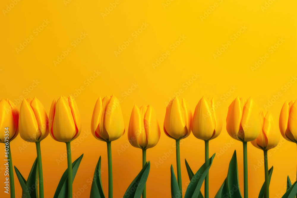 Yellow tulips in a row on a yellow background. Generative AI