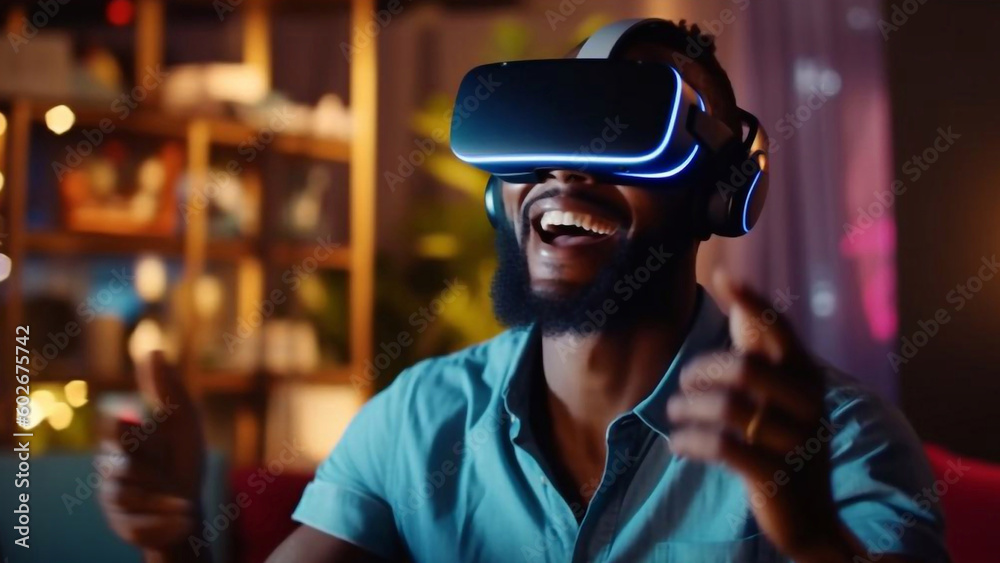 A virtual reality. Black man in virtual reality glasses laughing A virtual reality. Black man in virtual reality glasses laughing