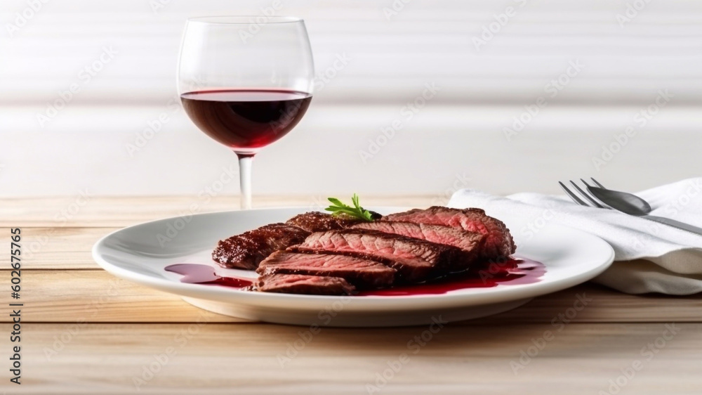 Juicy meat steak on a white plate and with a glass of wine. AI generated