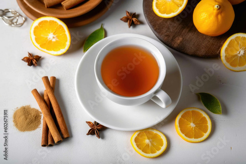 Hot Ginger tea with lemon, honey and spices. Top view on white table. Generative AI