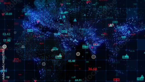 3d rendering of stock market data on digital earth map background