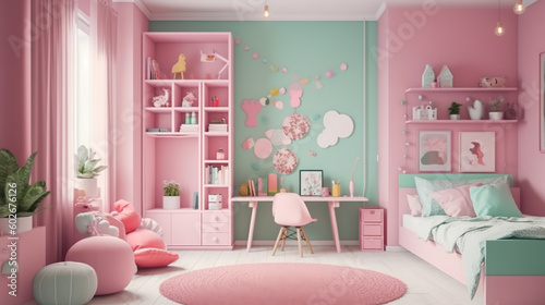 Modern interior of children s room in gentle fashionable pink and green colors. Generative AI