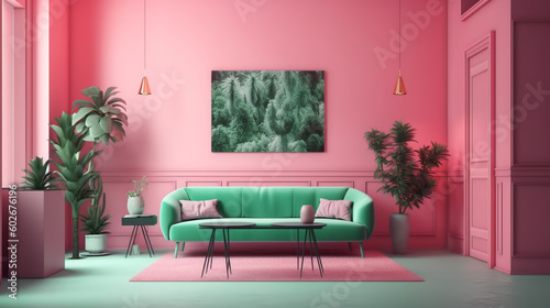 Modern interior of living room with stylish accessories in gentle fashionable pink and green colors. Trendy furniture elegant apartment. Generative AI