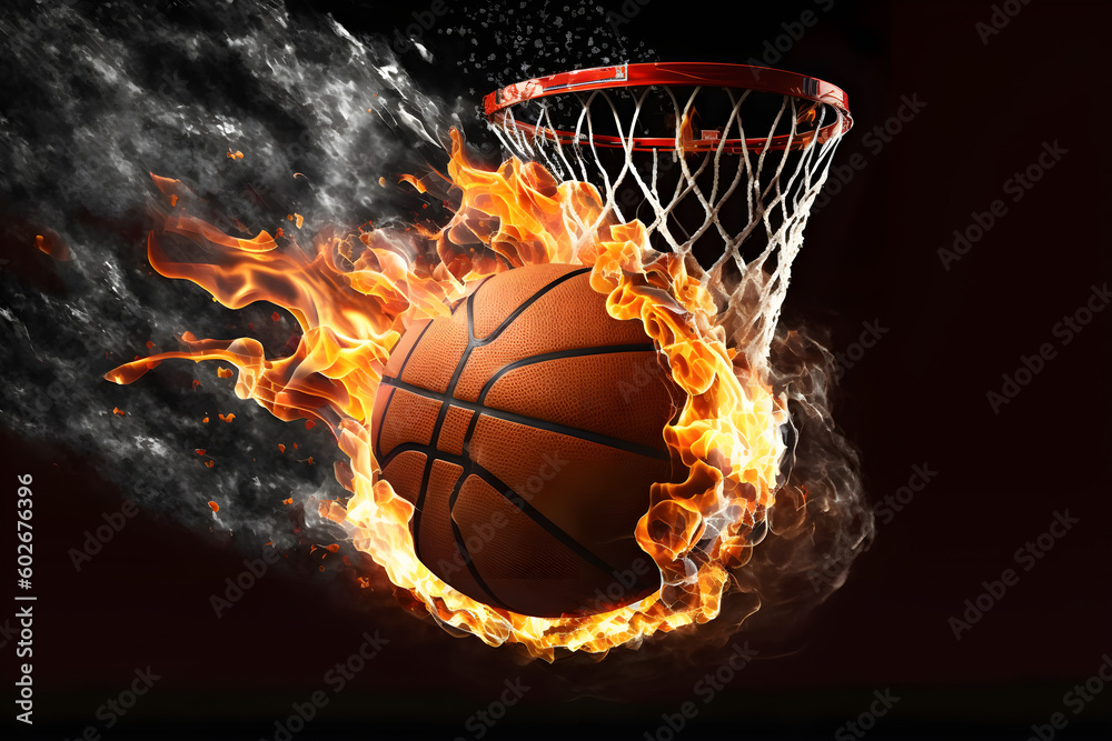Flaming basketball going through a net 