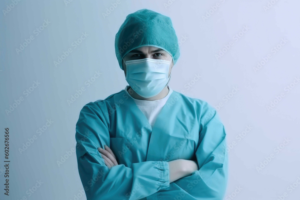 Surgeon crossed arms in blue coat and mask. Generative AI