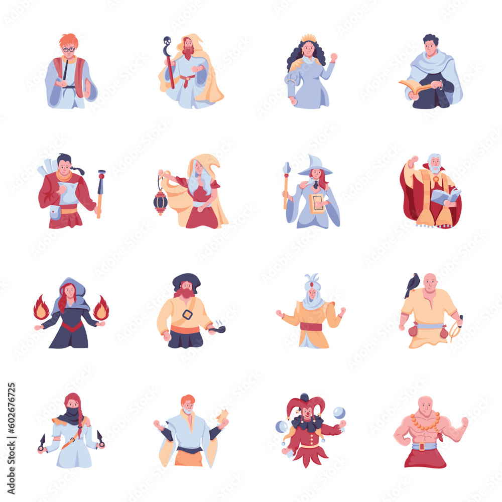 Pack of 16 Flat Fantasy Character Icons 

