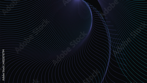 Abstract vector geometric Illustration of the pattern of flowing magic purple lines on black background. Digital future technology concept design. 