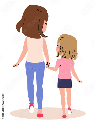 Vector illustration of young adult mother and daughter walking together back view. Single mom and kid walking