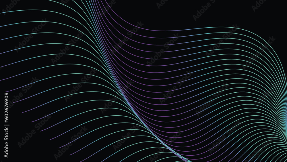 Abstract vector geometric Illustration of the pattern of flowing green and purple lines on black background. Digital future technology concept design. Abstract vector geometric Illustration of the pattern of flowing green and purple lines on black background. Digital future technology concept design.