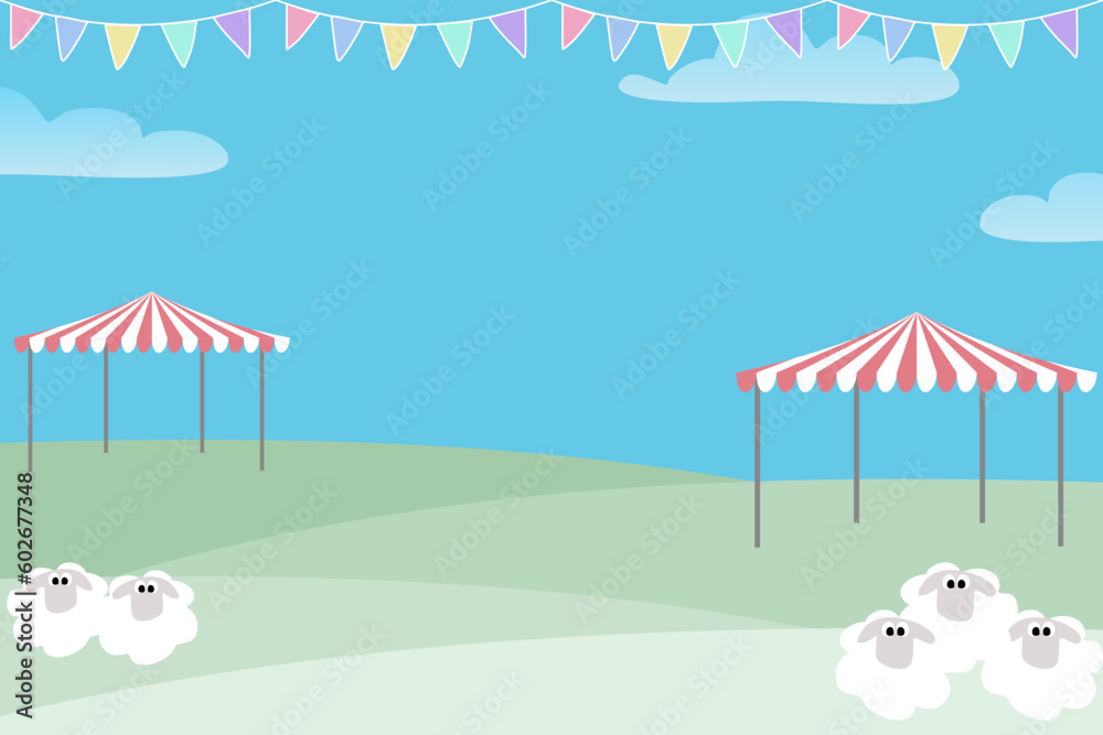 Fototapeta premium Farmer market summer event urban landscape background banner poster design vector illustration. Trendy for food festival market. Promo concept .Copy space. Cartoon sheep cow farm animals.