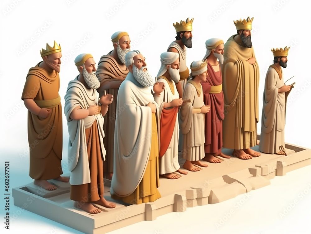 Fototapeta premium Illustration of an ancient pharaoh or king visiting his people accompanied by courtiers. This king wears official clothes and is highly respected by the people.