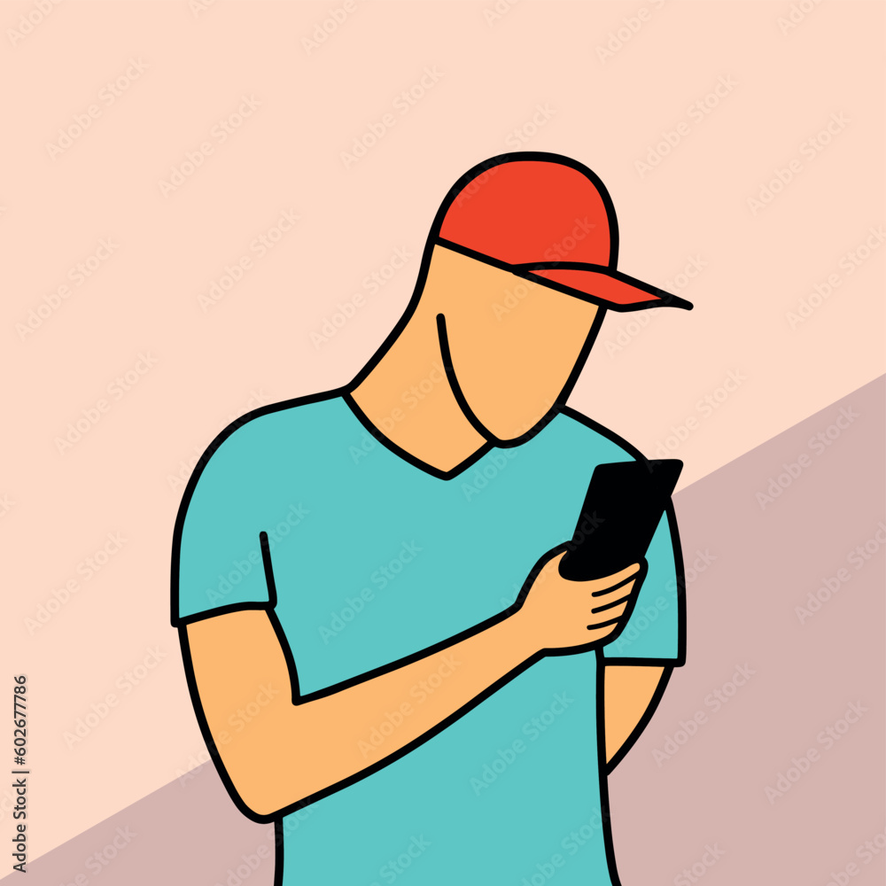 Man in cap using mobile phone cartoon vector illustration colorful background