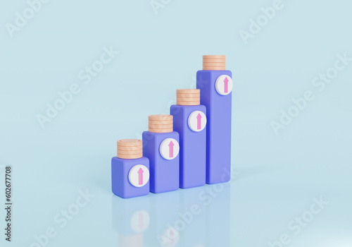 Coin money on growing bar chart with arrow going up. Financial success  money growth  successful development  statistic bar icon. Business growth success process concept. 3d icon render illustration