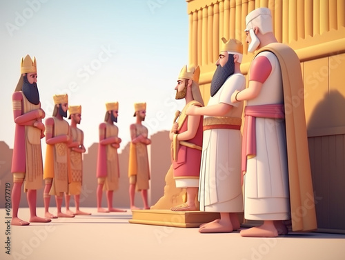 Illustration of an ancient pharaoh or king visiting his people accompanied by courtiers. This king wears official clothes and is highly respected by the people.