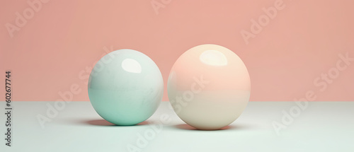 generative ai illustration of a mint and a peach colored glossy sphere on pastel colored background