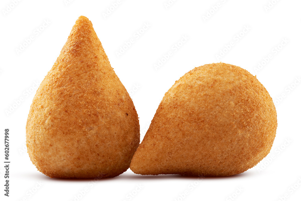 Coxinha, traditional Brazilian snack, stuffed with chicken and fried. Isolated on white background for creating digital arts. Chicken drumstick Coxinha, traditional Brazilian snack, stuffed with chicken and fried. Isolated on white background for creating digital arts. Chicken drumstick