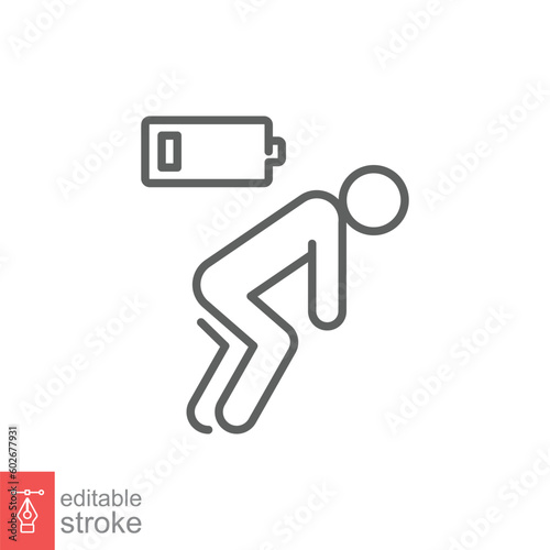 Tiredness icon. Simple outline style. Tired person, burnout, sick, battery energy low charge concept. Thin line symbol. Vector illustration isolated on white background. Editable stroke EPS 10.
