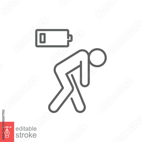 Tiredness icon. Simple outline style. Tired person, burnout, sick, battery energy low charge concept. Thin line symbol. Vector illustration isolated on white background. Editable stroke EPS 10.