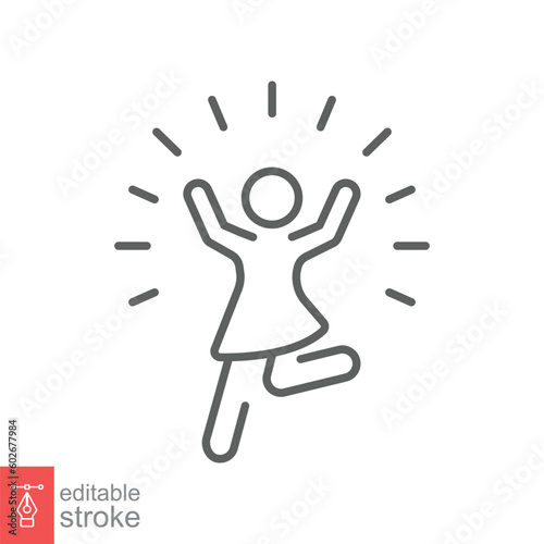 Excited dance kid icon. Simple outline style. Happy, joy, girl, lifestyle, women, female freedom concept. Thin line symbol. Vector illustration isolated on white background. Editable stroke EPS 10.