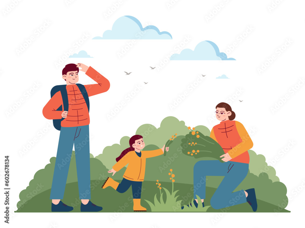 Fototapeta premium Outdoor camping and hiking. Characters spending time in nature