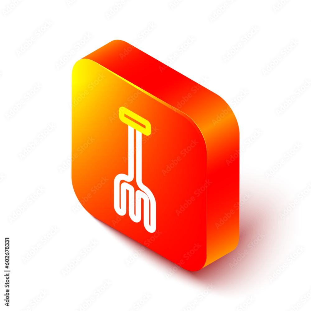 Isometric line Garden rake icon isolated on white background. Tool for horticulture, agriculture, farming. Ground cultivator. Housekeeping equipment. Orange square button. Vector Isometric line Garden rake icon isolated on white background. Tool for horticulture, agriculture, farming. Ground cultivator. Housekeeping equipment. Orange square button. Vector