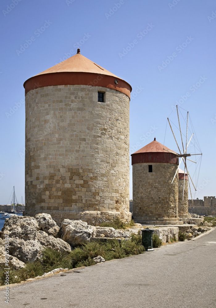 Windmills in Rhodes city. Rhodes island. Greece