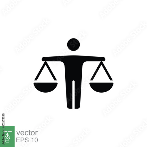 Man with scales icon. Simple solid style. Integrity, lawyer, person, legal, law, balance, equality concept. Black silhouette, glyph symbol. Vector illustration isolated on white background. EPS 10.